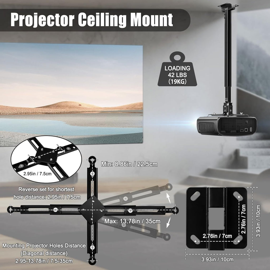 2-Be-Best Upgraded Long Projector Mount Height 25-39"/ 63-100CM Projector Ceiling Mount Adjustable Projectors Mounts for Ceiling Black - Image 2
