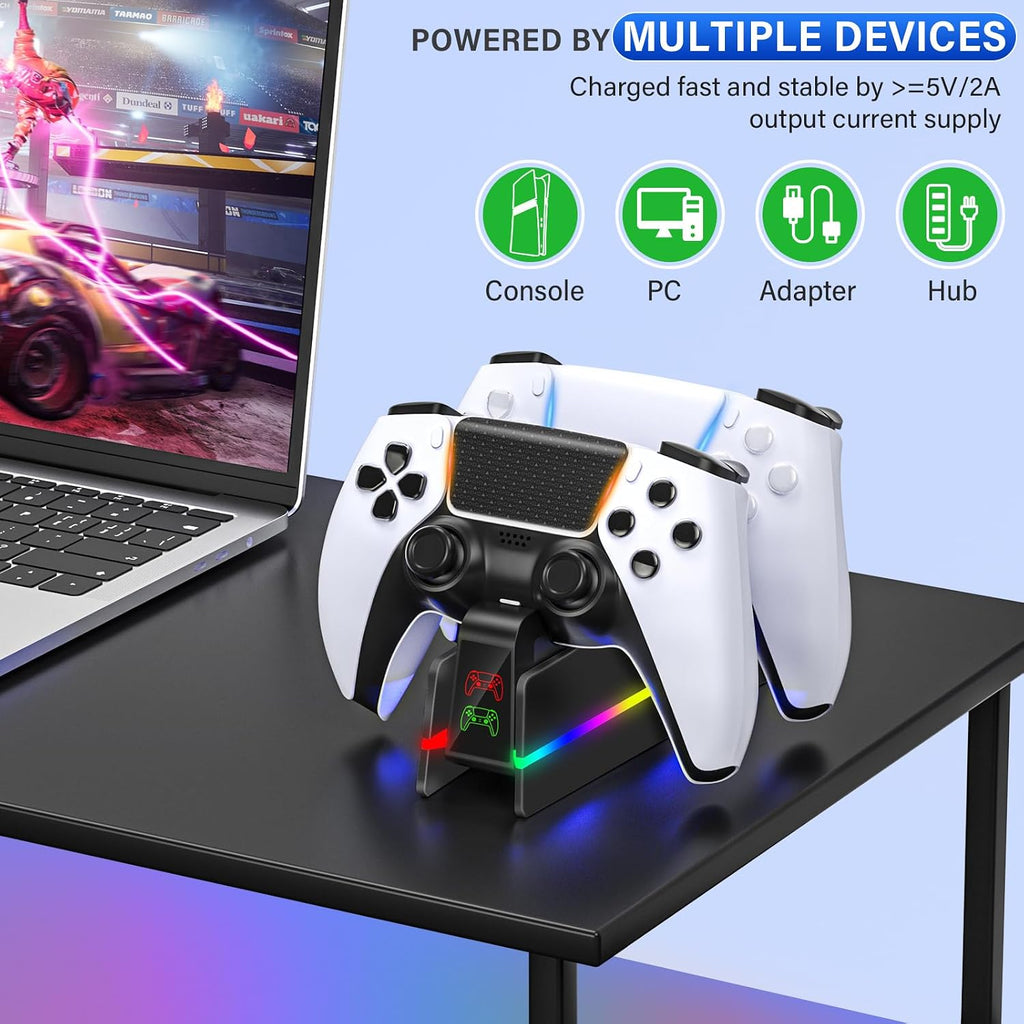 PS5-Controller-Charger-Station - Charging Station for PlayStation 5 Dualsense/Edge Controller with 9 Color Led Light, Fast Charging Dock & Holder Stand for PS5/Slim/Pro Remote - Whole Black - Image 7