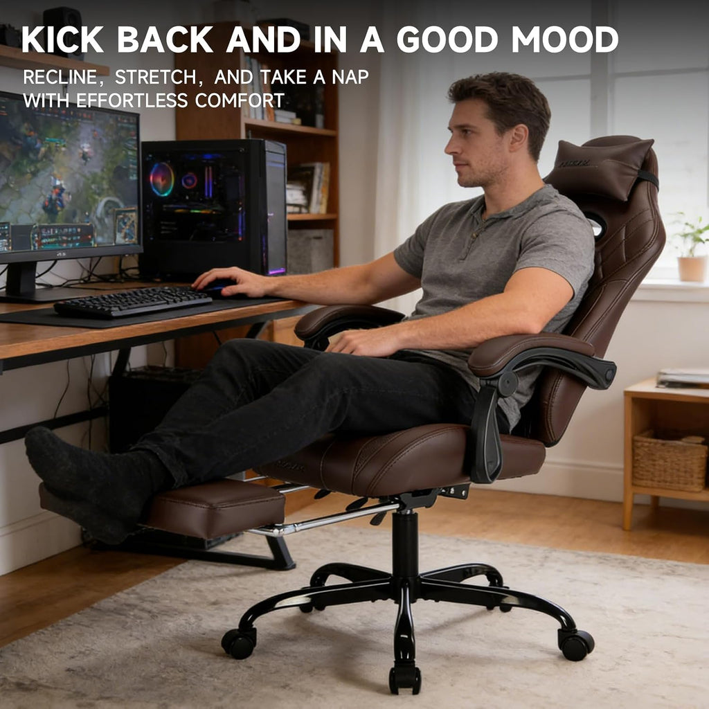 Gaming Chair with Footrest and Massage Lumbar Support, Ergonomic Computer Gamer Chair, Office Video Game Chairs with Adjustable Height and Backrest (Coffee) - Image 9