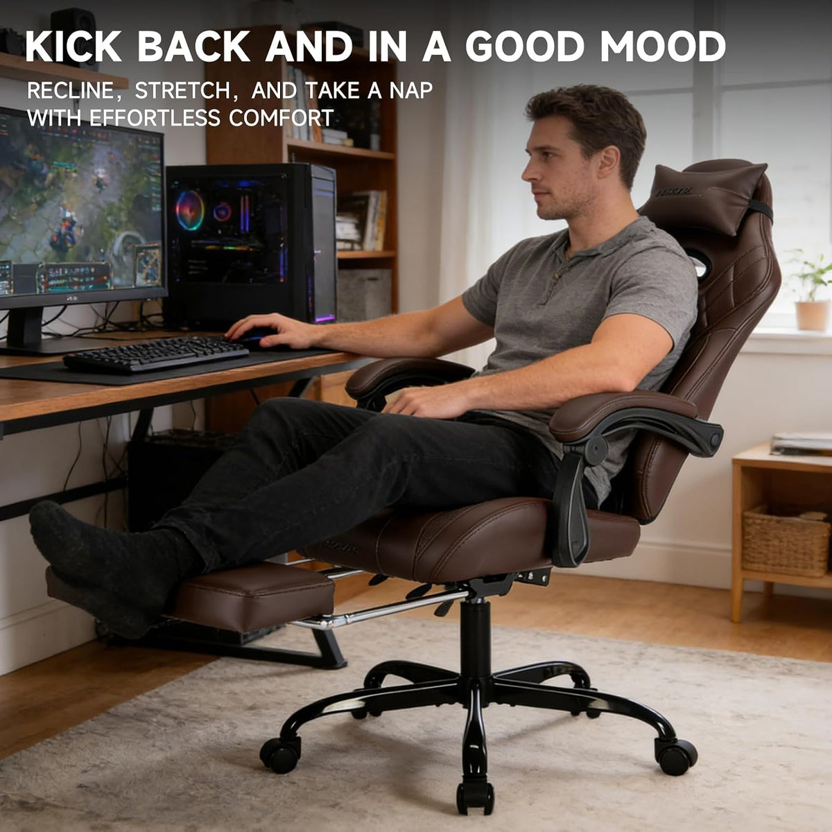 Gaming Chair with Footrest and Massage Lumbar Support, Ergonomic Computer Gamer Chair, Office Video Game Chairs with Adjustable Height and Backrest (Coffee) - Image 9
