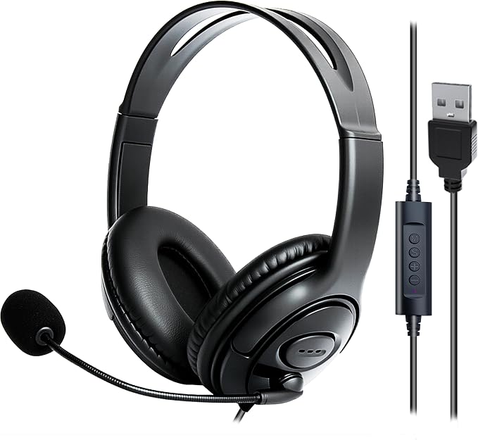 USB Headset with Mic, Computer Wired Headphones with Microphone for PC, Laptop (Black - Full Ear Cups) by 321WaSay