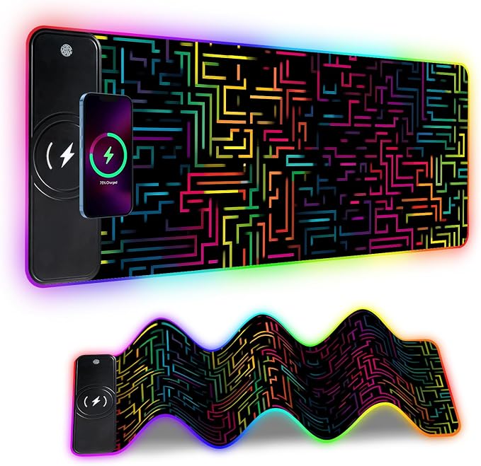 Wireless Charging RGB Gaming Mouse Pad, 31.5 x 11.8 Inch Extended Mouse Mat with Neon Geometric Line Design, LED Desk Pad with 7 Lighting Modes, Non-Slip Base for Gaming & Office by THISFIND