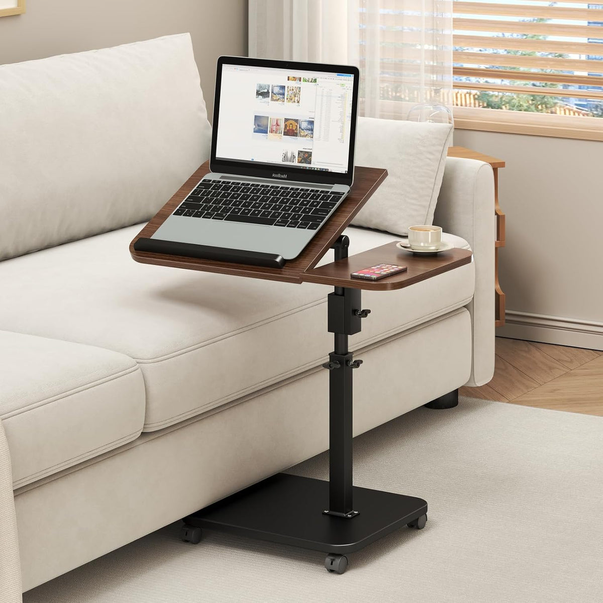 Adjustable Height C Shaped End Table with Wheels,360°Swivel Side Table, Top Tilting Laptop Stand TV Table for Sofa/Bed, Couch Tables that Slide under, Rolling Coffee Table for Living Room (walnut) by TRUNYAQI