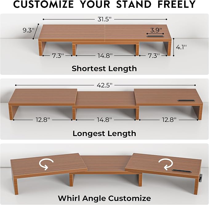 BONTEC Dual Monitor Stand Riser, Adjustable Length & Swivel Angle, Walnut | Ergonomic Wooden Desktop Organizer with Smartphone Holder, Computer Monitor Stand for PC, Laptop, Printer and Large Storage - Image 3
