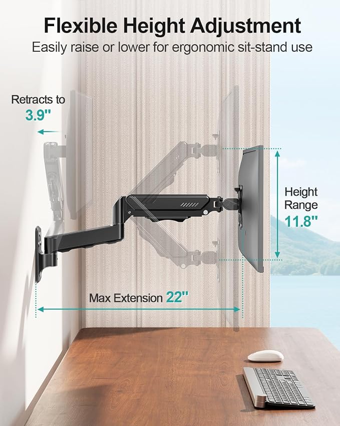 MOUNT PRO Monitor Wall Mount for 13 to 32 Inch Screens, Holds up to 19.8lbs | Single Monitor Mount with Tilt/Swivel/Rotation Adjustable, Gas Spring Wall Arm VESA Mount 75x75mm/100x100mm - Image 4