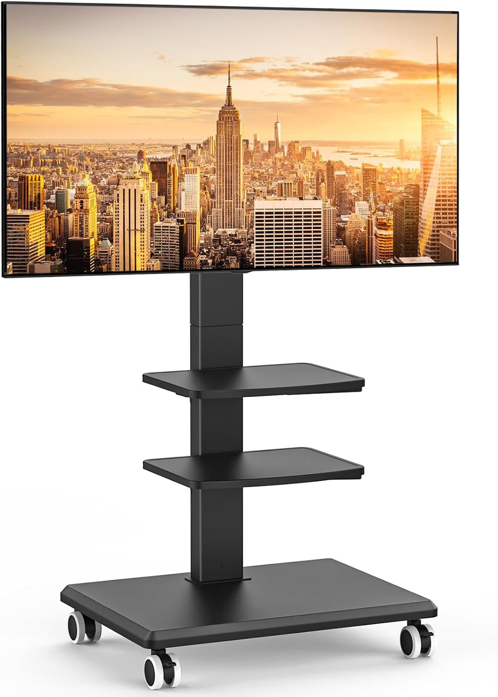 Rolling Floor TV Stand with Double Shelves, Height Adjustable Swivel Freestanding TV Mount with 2'' Lockable Nylon Casters, Solid Wood Base for 32-75 Inch TVs up to 110 lbs, Max VESA 400x400mm by 5Rcom