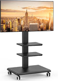 Rolling Floor TV Stand with Double Shelves, Height Adjustable Swivel Freestanding TV Mount with 2'' Lockable Nylon Casters, Solid Wood Base for 32-75 Inch TVs up to 110 lbs, Max VESA 400x400mm by 5Rcom
