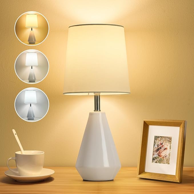 Small Bedside Table Lamp for Bedroom - Reading Desk Lamp with 3 Color Temperatures，15.5" Nightstand Ceramic Lamp with Fabric Shade for Kids Room,Living Room,Dorm,Home Office (White) - Image 8