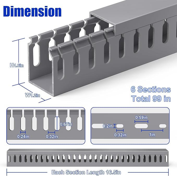 1.6"H x 1.2"W Cable Raceway, 99in Under Desk Wire Management Channel, Grey | Slotted Wire Duct, 6Pack, 16.5in Each, Heavy-Duty PVC Cable Management for Server Racks, Network Cables & Electrical Cabinets - Image 2