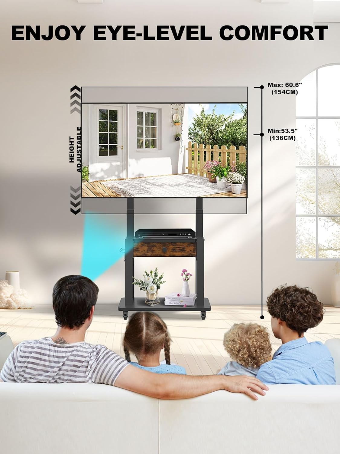 Rolling TV Stand with Fabric Drawer Storage for 32-75 Inch Flat/Curved Screen up to 220lbs LCD/LED/OLED Adjustable Height Mobile TV Cart with Wheels for Home Office Outdoor Max VESA 600x400mm - Image 2