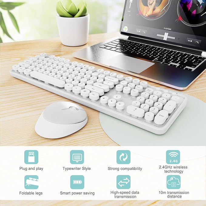 Wireless Keyboard and Mouse Combo, Ergonomic Full Size Typewriter Retro Round Keycaps Keyboard, Compatible with Windows, PC, Perfer for Home and Office Keyboards（White） - Image 3