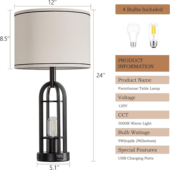 SRJJA Black Table Lamps for Living Room Set of 2 - Farmhouse Industrial Lamps for Night Stands with Night Light & USB A+C, 24" Rustic Bedside Lamp for Bedroom, Bulbs Included - Image 6