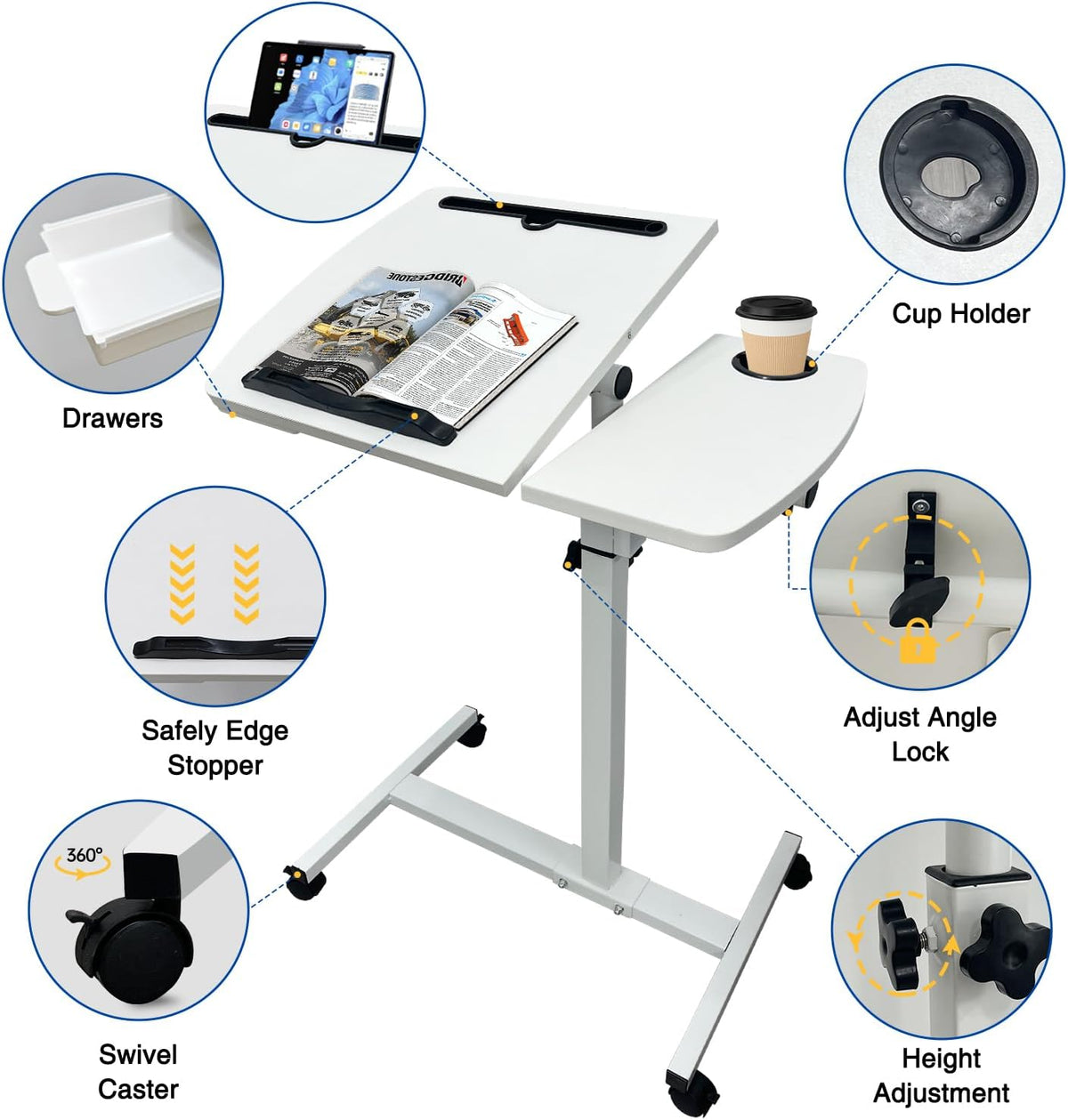 Medical Adjustable Overbed Bedside Table with Wheels & Cup Holder - Image 4
