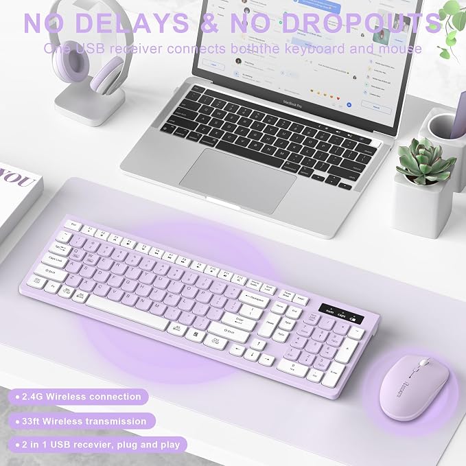 Wireless Keyboard and Mouse Combo Silent for Office and Home(Lilac) | 2.4G Full Size Silent Cordless Keyboard with Tilt Legs,3-Level DPI Quiet Mouse,for Windows/Mac OS/Desktop/Laptop/PC - Image 2