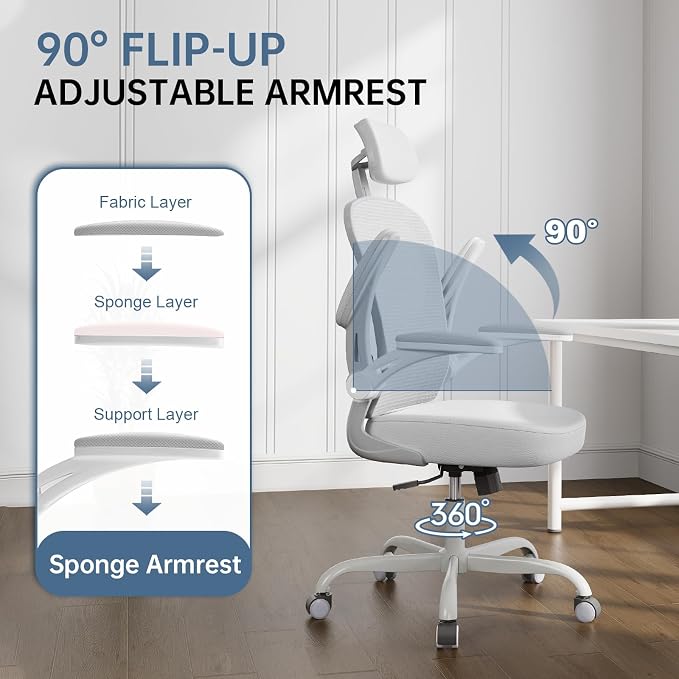 Office Chair|330LBS Capacity Ergonomic Desk Chair | High Back Computer Chair,Long Hours Comfortable,Rolling Swivel,Flip-up Armrests,Home Office - Image 8