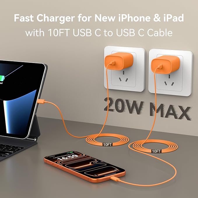 Phone 17 16 15 Charger Fast Charging, 10 FT Long USB C Charger Cord with 20W Type C Fast Phone Charging Block forPhone 17/17 Pro/17 Pro max/Air/Phone 16 15 Pro Max Plus, iPad, Android,Orange - Image 2