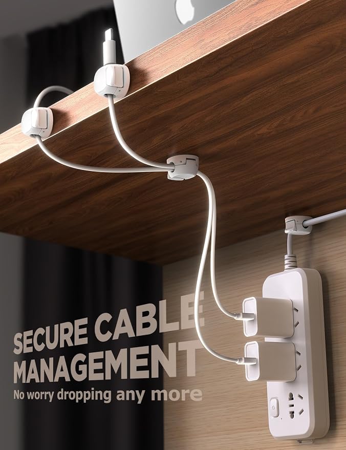 16Pack Cord Organizer [Dual Spring & Clasp] [Max Stability] Cable Clips, Chfeila Cord Holder, Desk Cable Management, Adhesive Wire Organizer for Home Office Desktop Nightstand Car Table Wall - White - Image 5