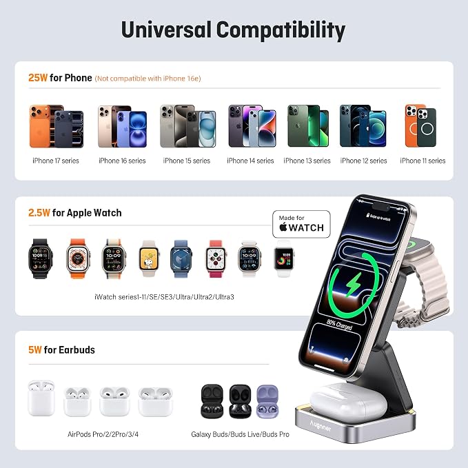 Augnner 25W 3-in-1 Charging Station for Apple Device, Black Foldable Magnetic Wireless Charger, Fast Travel Charging Stand for iPhone17/16/15/14/13/12 Series, AiWatch/AirPods - Image 7