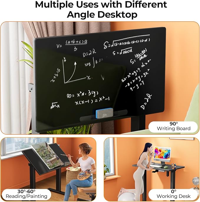 35" Black Glass Standing Desk, 90° Tilt Drafting Table on Wheels | Electric Height Adjustable Foldable One-piece Art Rising Desk, Small Mobile Sit Stand Laptop Cart with 4 Lockable Casters - Image 5