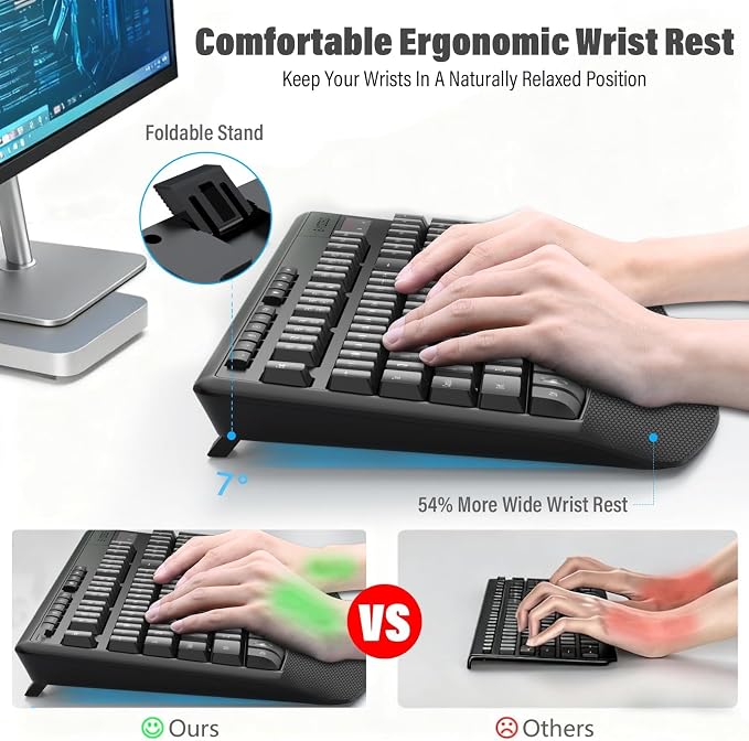 Wireless Keyboard and Mouse Combo,Soft Touch Quiet Keyboard Less Noise 90% | Ergonomic With Wrist Rest,2.4GHz 104 Keys Full Size,2400 DPI Mouse,For Office/Work/Home/PC Computer/Laptop,Black - Image 2