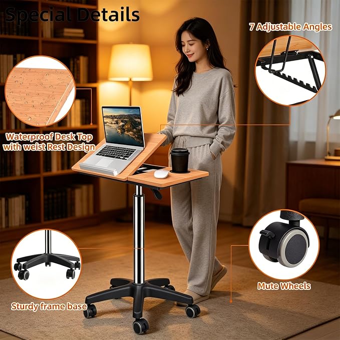 wishacc Large Rolling Desk Adjustable Height with Drawers, Mobile Standing Desk on Wheels, Portable Computer Workstation, White Sit to Stand Desk with Cup Holder & Storage for Home Office (Large) - Image 3