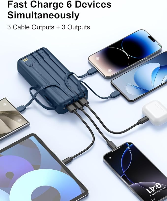 Portable Charger with Built-in Cables, 20000mAh Slim 22.5W Fast Charging Power Bank with LED Display, USB C Battery Pack 6 Outputs & 2 Inputs, Travel Essential Charger for iPhone, Samsung, Google etc - Image 6