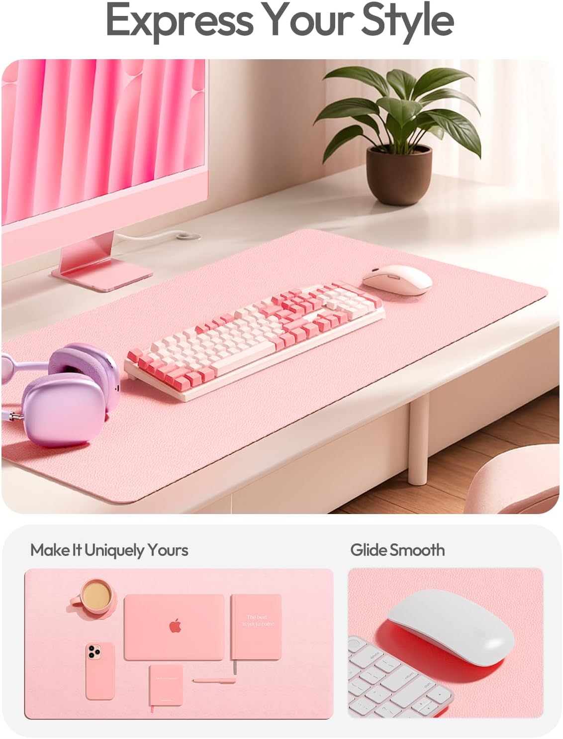 YSAGi Leather Desk Protector, Office Mat, Large Mouse Mat, Non-Slip PU Leather Blotter, Laptop Pad, Waterproof Writing Pad for Office and Home (Light Pink, 23.6" x 13.8") - Image 2