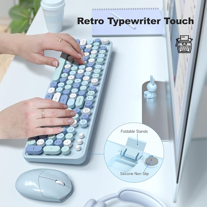 Wireless Keyboard and Mouse Combo, 2.4GHz Retro Full-Size Typewriter Keyboard with Number Pad and Wireless Mouse for PC/Laptop/Desktop/Windows (Pale Blue) - Image 2