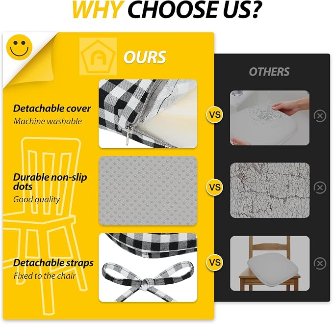 AAAAAcessories D-Shaped Chair Cushions, 2" Thick Dining Chair Pads with Ties and Removable, Machine-Washable Cover, 17" x 16", Set of 2, Checkered Black/White - Image 9