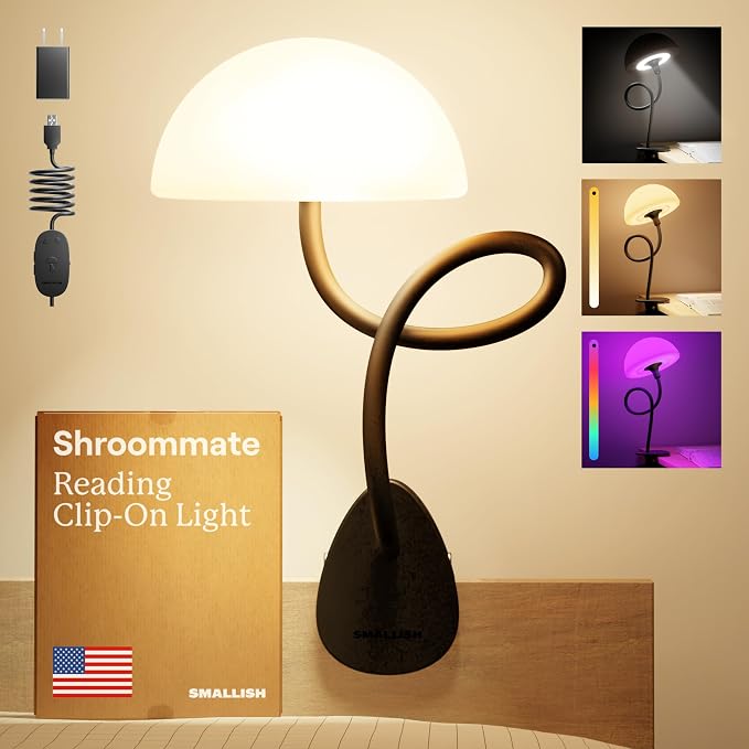 Shroommate Dorm Room Essential Clip On Bed Light - Headboard and Bedside Table Lamp, Flexible Reading Lamp, Night Light for Kids Nursery, Clip on for Desk, MultiColor LEDs, Adapter Included (Black) by Smallish