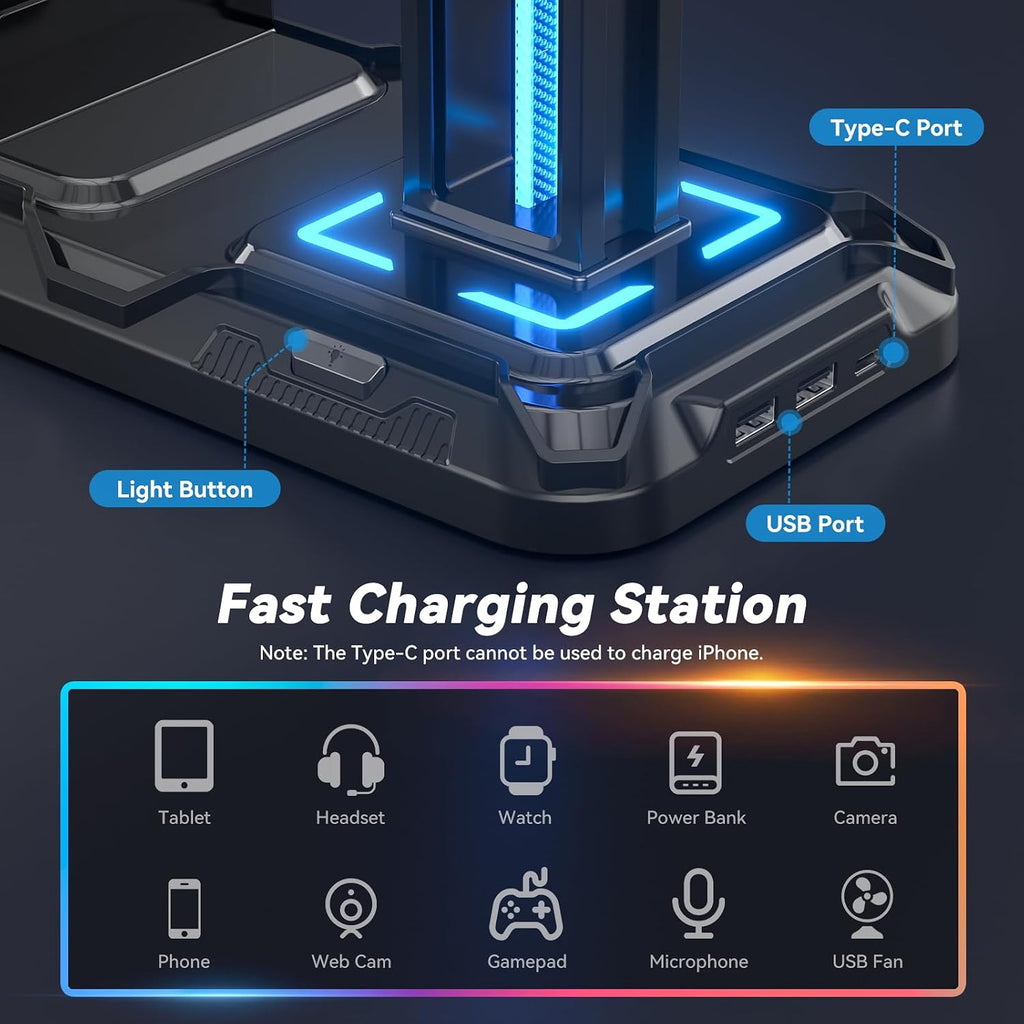 KDD Headset Stand with Charging Station - Detachable Controller Holder with 9 Light Modes - Rotatable Headphone Hanger with USB A&C Charger Ports - Earphone Hook for PC Gaming Accessories Storage - Image 3
