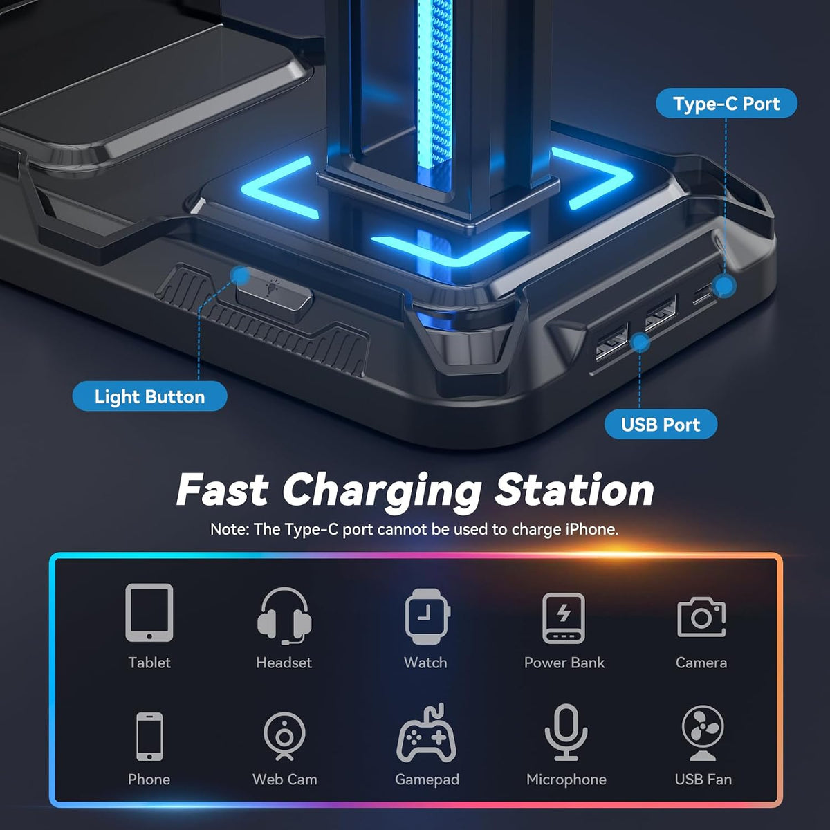 KDD Headset Stand with Charging Station - Detachable Controller Holder with 9 Light Modes - Rotatable Headphone Hanger with USB A&C Charger Ports - Earphone Hook for PC Gaming Accessories Storage - Image 3