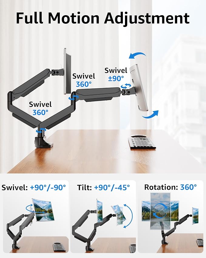 MOUNTUP Dual Monitor Mount fits 42 40 39 37 34 32 27 inch Ultrawide Screen, Holds 6.6-33lbs, Dual Monitor Arm Desk Mount, Heavy Duty Monitor Stand for 2 Monitors, with Clamp/Grommet Base - Image 4