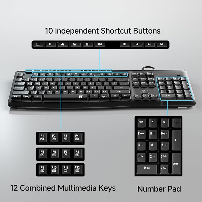 Redragon BK7366 Wired Keyboard,Multimedia USB Quiet Computer Keyboard,Silent Keyboard with Large Number Pad,Spill-Resistant,Anti-Wear Letters,Full Size for Laptop,Desktop - Image 2