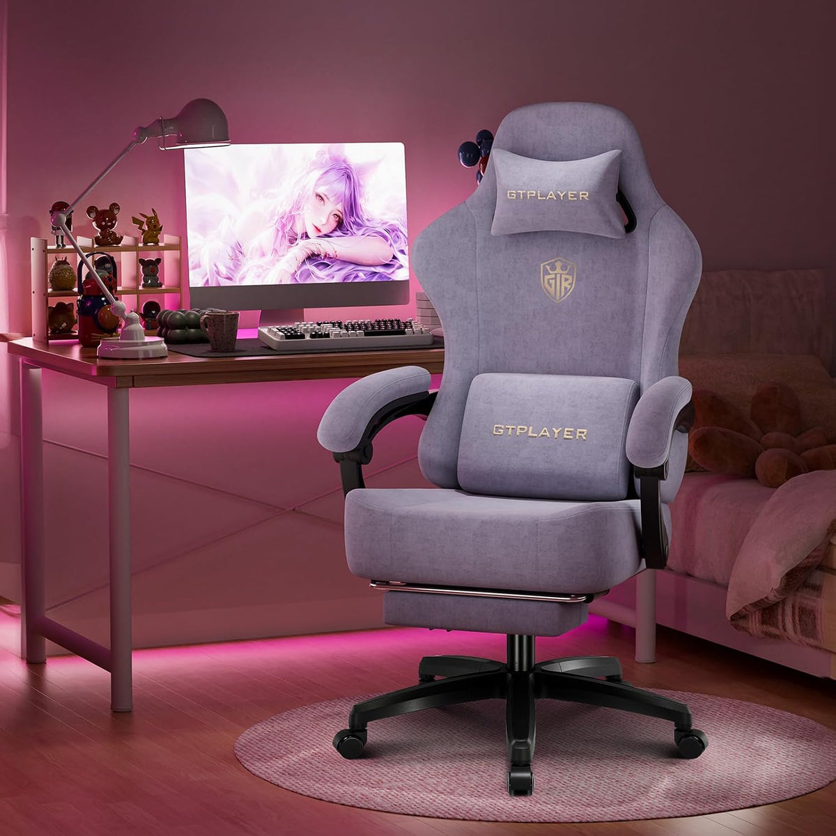 GTPLAYER Big and Tall Gaming Chair Fabric with Pocket Spring Cushion, High Back Ergonomic Computer Chair with Footrest for Adults Lumbar Support Swivel Game Chair for Office 350LBS, Macaron Purple - Image 2
