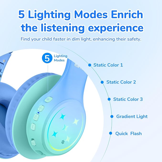 EarFun K4 Kids Bluetooth Headphones, Wireless Headphones with Lights Green | 74/85/94dBA Volume Limited, Built-in Mic, 90H Playtime, Bluetooth 5.4 Over Ear Headphone for iPad/Tablet/PC/School, Green - Image 3