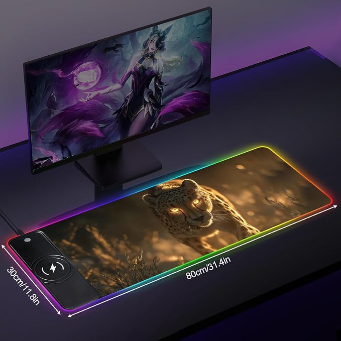 Wireless Charging RGB Gaming Mouse Pad, 31.5 x 11.8 Inch Extended Mouse Mat with Wild Leopard Design, LED Desk Pad with 7 Lighting Modes, Non-Slip Base for Gaming & Office - Image 2