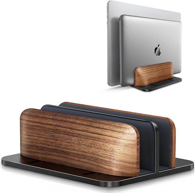 LOXP Vertical Laptop Stand, Dual Slot Wooden + Aluminum Laptop Holder | Desktop Adjustable MacBook Stand, Adjustable Base, for MacBook Pro/Air, (up to 17.3-inch All laptops) by LOXP
