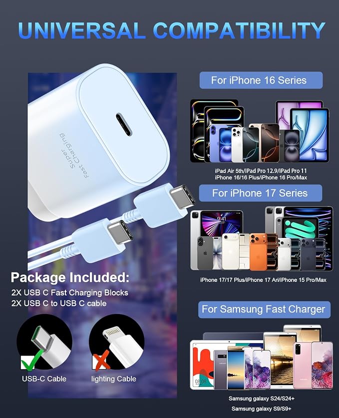 Phone 17 16 15 Charger Fast Charging,30W USB C Phone 17 16 15 Pro Max Charger Block&10FT Long Type C Cable Cord for i.Phone 17/Air/17 Pro/17 Pro Max/16/16 Pro/16 Pro Max/15/15 Pro Max,Blue Gradient - Image 4