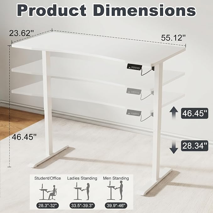 Solid Wood Electric Standing Desk, 55"x23.6" White Standing Desk | 1 BOX,Home Office Desk with 3 Stages Single Motor,Standing Desk White with T-Shaped Metal Bracket for Gaming - Image 2