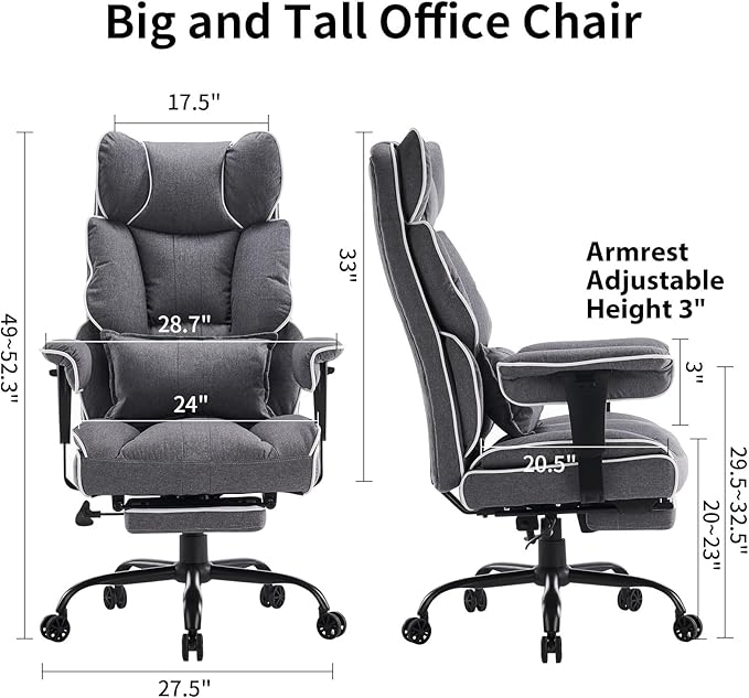 Efomao Fabric Office Chair, Big and Tall Office Chair 400 lb Weight Capacity, High Back Executive Office Chair with Foot Rest, Ergonomic Office Chair for Back Pain Relief, Gray | 400lbs support, 135° recline, dual-layer foam cushion, 23.5" seat & footrest - Image 2