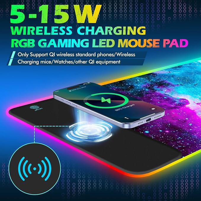 ToLuLu RGB Gaming Wireless Charging Mouse Pad, 5/7.5/10/15W 10 Light Modes | LED Mouse Pad Computer Keyboard Mat Mousepad, 800x300x4MM Extended Large Desk Mat for Gaming, MacBook, Laptop, PC, Galaxy - Image 2