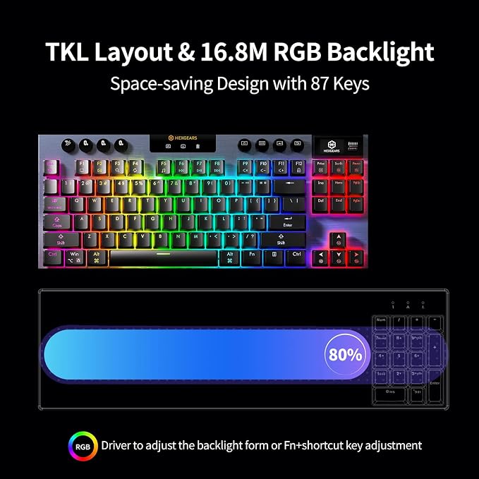 Hexgears Immersion A3 Low-Profile Wireless Mechanical Keyboard, TKL Hot-Swappable Aluminum Gaming Keyboard, BT5.0/2.4GHz/USB-C Tactile Switches, RGB Backlit, TFT Screen & 5800mAh Battery for Pc/Mac - Image 6