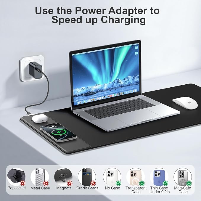 Magnetic Wireless Charging Mouse Pad, 31.5"x15.8", with 20W Adapter, Black | Large Gaming Desk Mat for Keyboard/Laptop, Non-Slip Base, Waterproof Ultra-Smooth Surface Mousepad for Gamer, Office & Home - Image 7