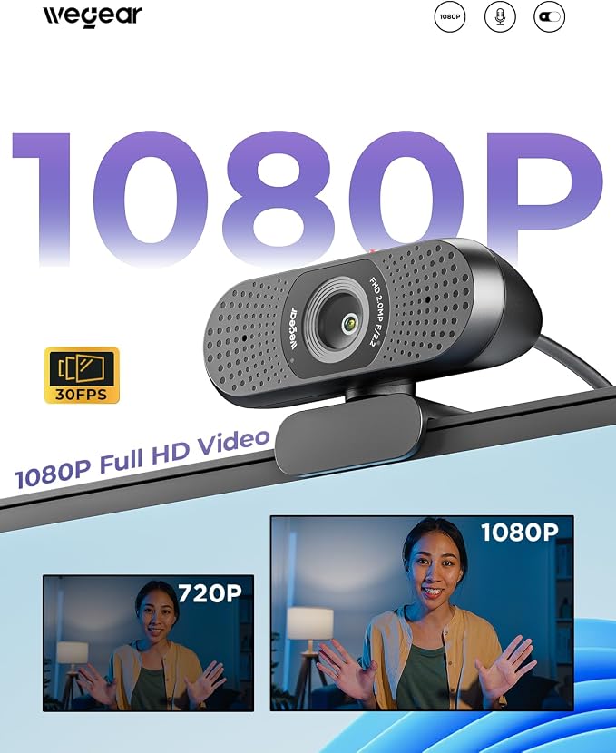 wegear Full HD 1080p Webcam for PC, Laptop & Desktop, Built-in Dual Microphones, Privacy Cover, 85°FOV, Fixed Focus, Plug & Play USB-A Computer Camera for Zoom, Teams, FaceTime, Google Meet, Streaming - Image 2