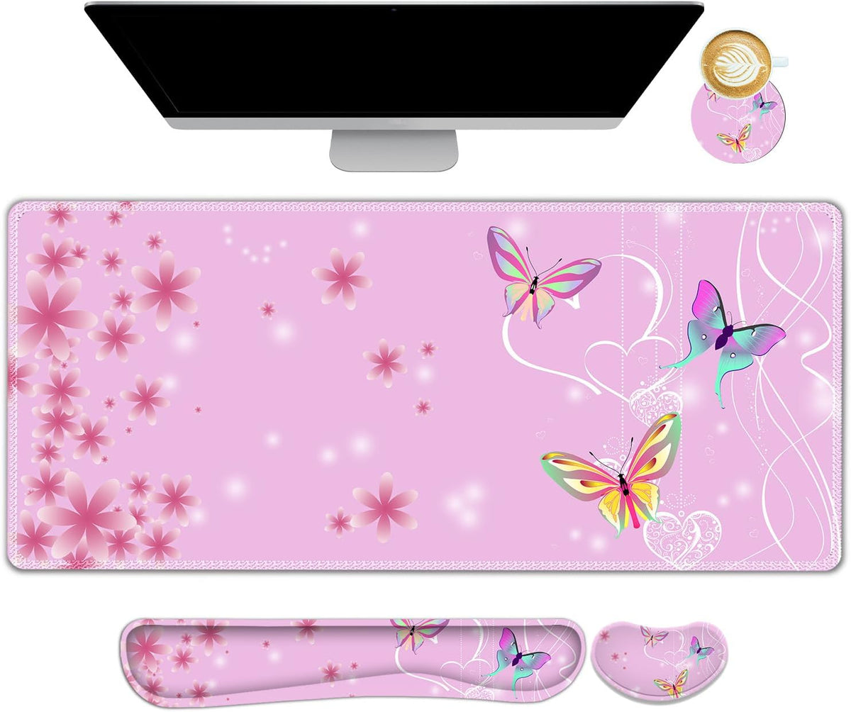 Pink Butterfly Desk Mat, Florals 4 in1 Large Gaming Mouse Pad Set, Ergonomics Keyboard Pad with Memory Foam Wrist Rest, Extended Game Mousepad Non-Slip Desk Protector Matt Easy Typing Pain Relief by NXZGO