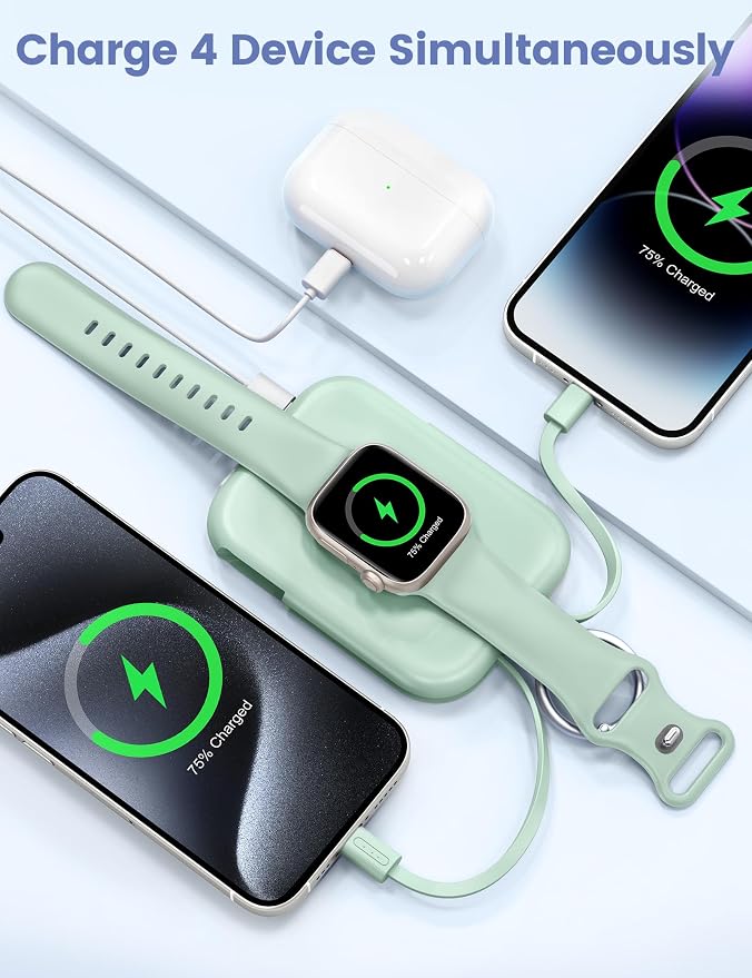 RORRY CharmGo Portable Charger, 5000mAh Portable Charger Power Bank | Built-in Cables,Travel Keychain Battery Pack Essentions for Apple Watch 1~11 Series/Ultra/SE & iPhone Air/17/16/15/14/13/12 - Image 4