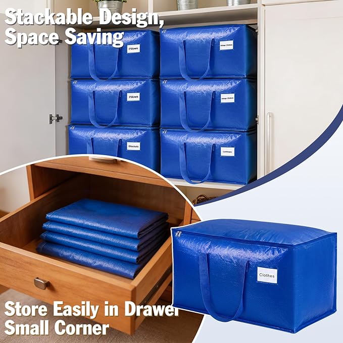 KYODOLED 8 Pack Blue Moving Bags, 24 Gal Large Storage Totes for College | Water-Resistant, Wide-Zipper Opening, Label Window, Heavy Duty Packing Bags for Clothes, Bedding and Dorm Moves, 27x13x15 - Image 6