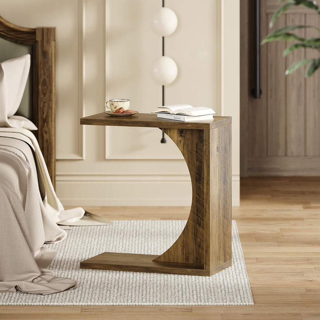 LITTLE TREE C Shaped End Table for Sofa & Bedroom - Small Side Table for Living Room, Over Couch Tray Stand for Laptop, Snacks, Books, Brown, 1 Pack - Image 3