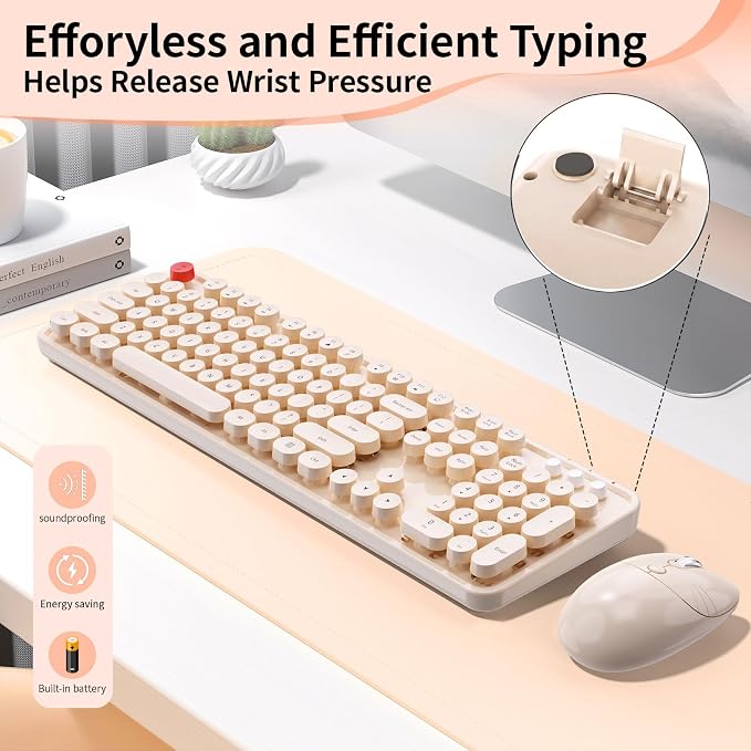 Wireless Keyboard Mouse, MOFII 104 Keys Cute Retro Typewriter Coffee | With OTG & Long Clean Bruch,Compatible With All windows and Type C Computer,1600DPI,Ideal For PC, Home, Office and College - Image 6